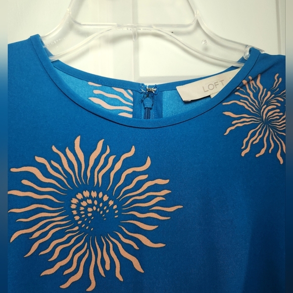 Loft Womens Iced Floral Flare Dress Peacock Blue Size 00P Long Sleeve EUC - Picture 2 of 7